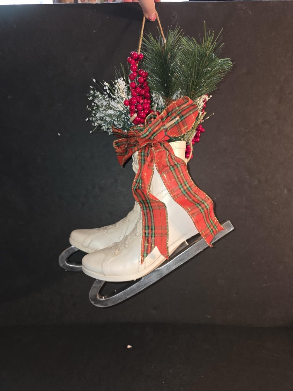 Decorative Hanging White Ice Skates with Plaid Bow